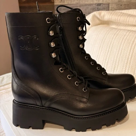 Celine Black Leather Combat Boots - Picture 1 of 10